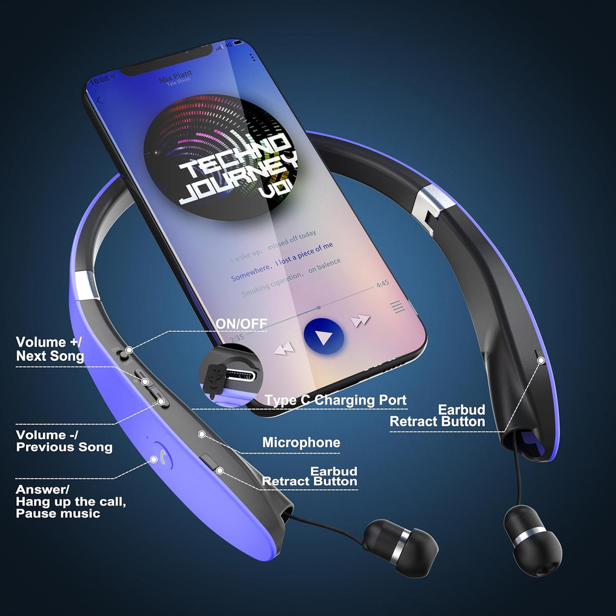 AMORNO Foldable Bluetooth Headphones Wireless Neckband Headset with Retractable Earbuds, Sports Sweatproof Noise Cancelling Stereo Earphones with Mic
