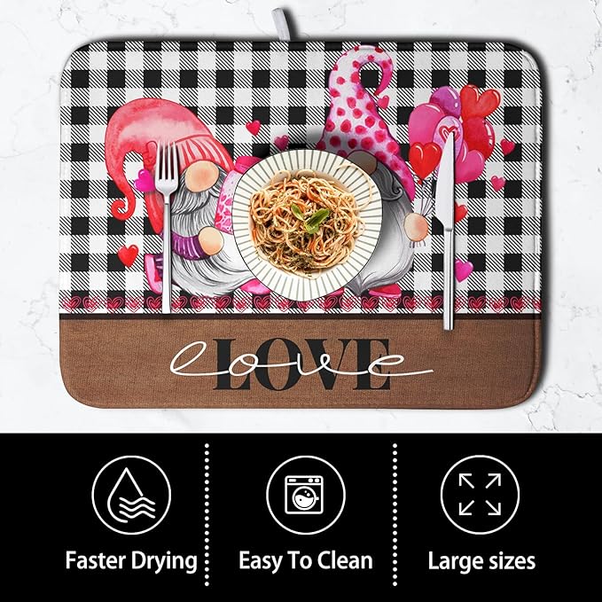 Valentine's Day Dish Drying Mats for Kitchen Counter, Gnome Love Kitchen Drying Mat, Buffalo Plaid Dish Drainer Mat Absorbent Quick Dry Dishes Pad 16 x 18 In - Farmhouse Decor Valentines Gift