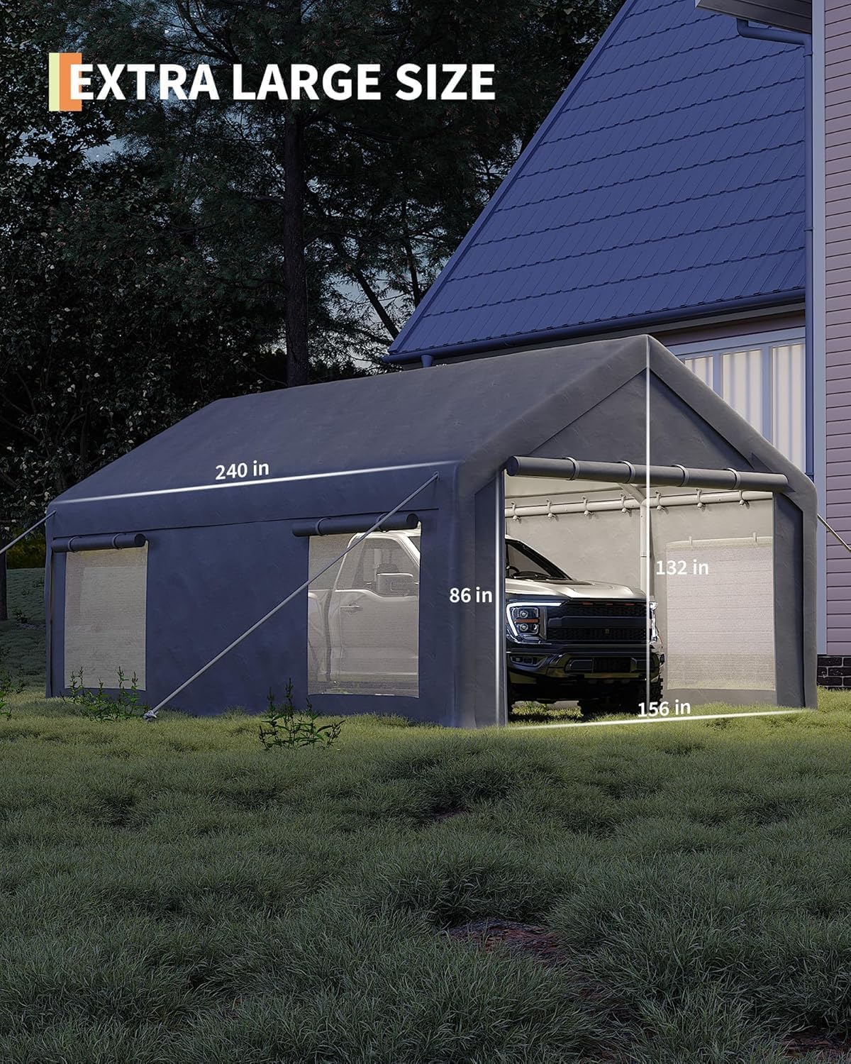 13 x 20FT Heavy Duty Carport with Roll-Up Windows, Portable Garage with Removable Sidewalls & Doors, Portable Car Tent Garage with Roll-Up Windows and All-Season Tarp, for Car, Truck,