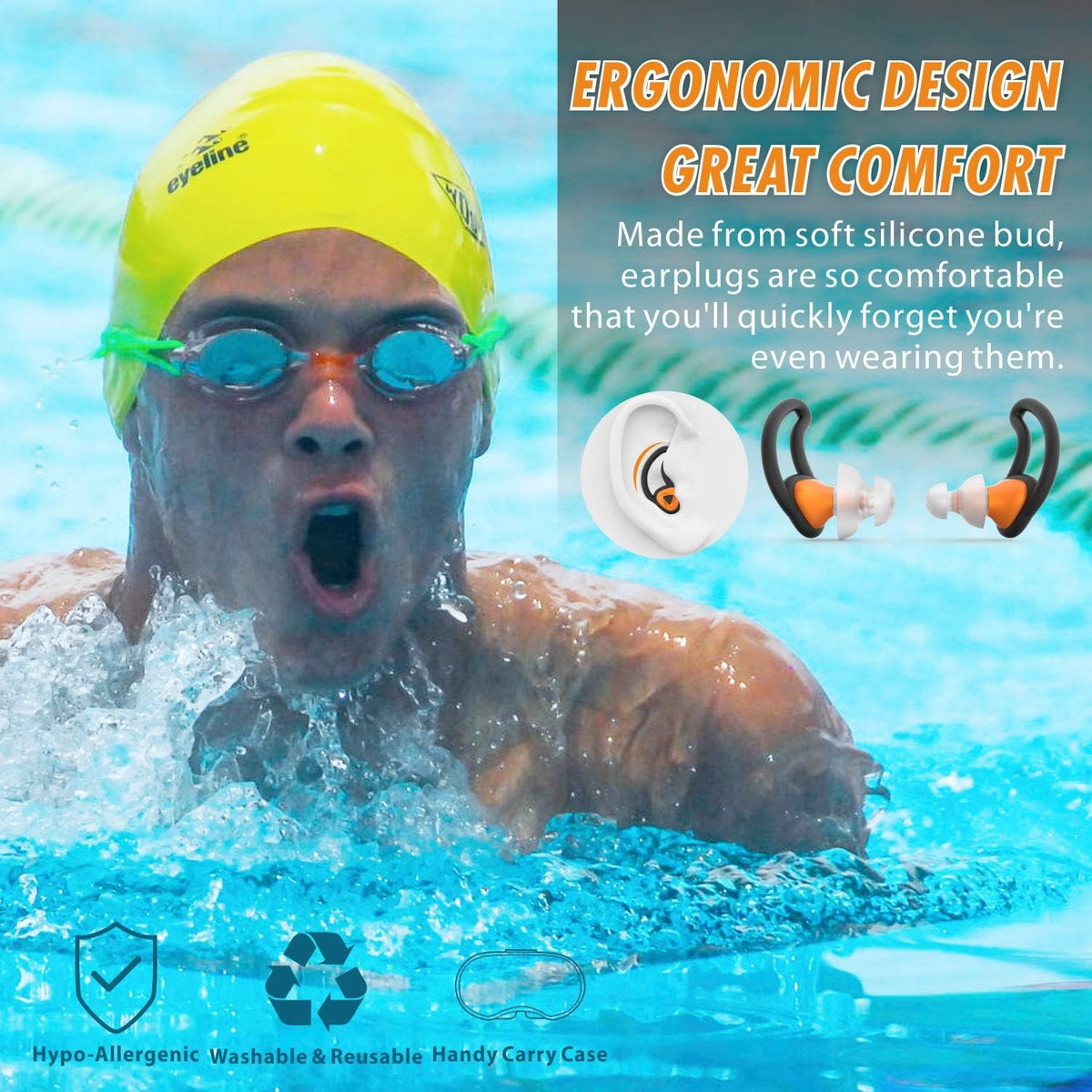Hearprotek Ear Plugs for Swimming, [2 Pairs] Swim Ear Plugs Adults-Waterproof Silicone Water earplugs for Men Women Juniors Swimmers Pool Shower Bathing (Orange)