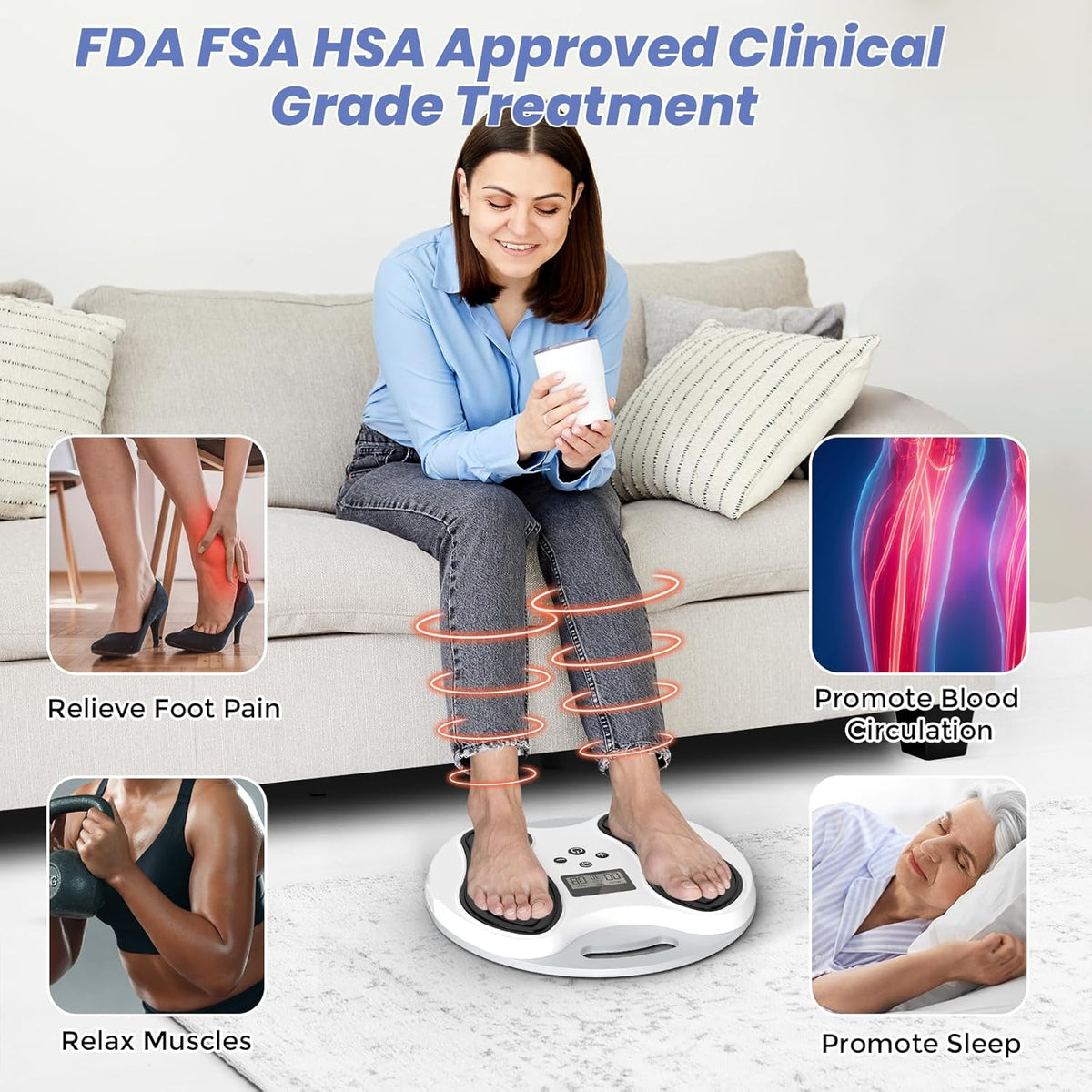 EMS Foot Massager for Neuropathy Relief, TENS Foot Nerve Circulation Stimulator for Pain Relief, Muscle Stimulator with 4 Body Pads, Relieves Swelling, Cramps, Plantar Fasciitis