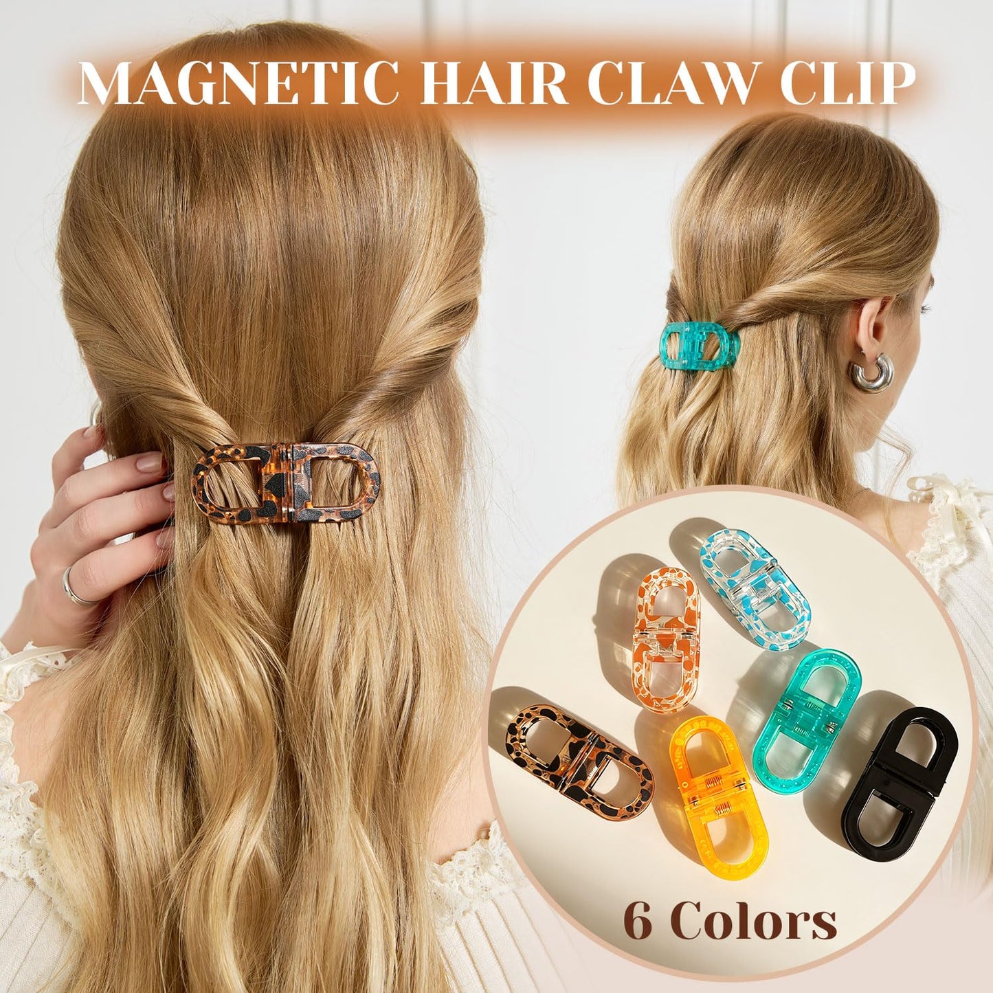 RCZETC Magnetic Hair Clips 2-Pack | Hair Clips for Styling & Thick Hair | Claw Clips & Barrettes for Women | Strong Hold Non-Slip No-Crease Hair Barrettes（Leopard Print + Blue）