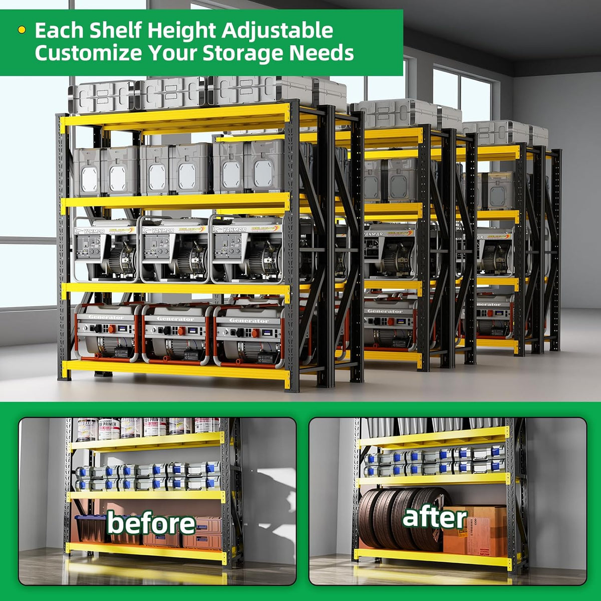 3000LBS Heavy Duty Storage Shelves,78''H Metal Garage Shelving, 4-Tier Adjustable Garage Organization Shelving Units, Industrial Shelving for Warehouse,Workshop- Black & Yellow