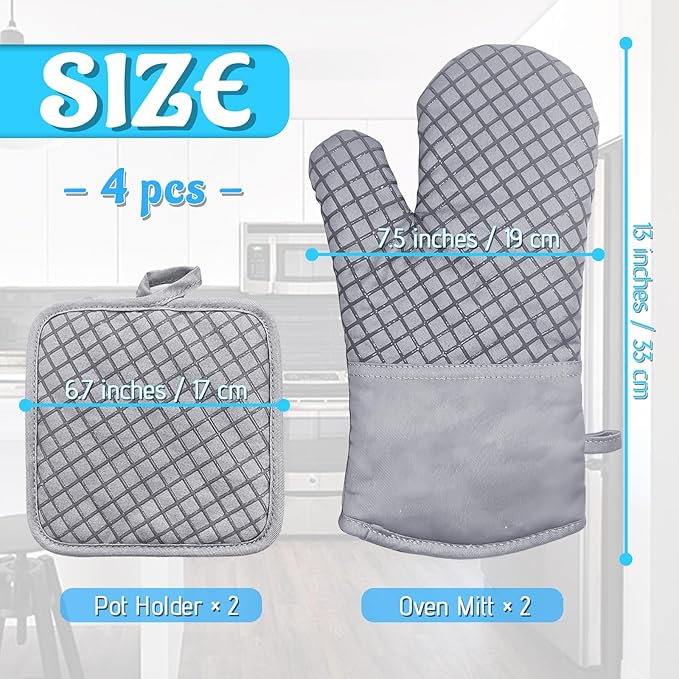 4 Pcs Oven Mitts and Pot Holders,High Heat Resistant 500 Degree Glove with Silicone Non-Slip Surface,Extra Thicken Long Kitchen Cotton Oven Glove for Baking,Cooking,Grilling(Light Gray)