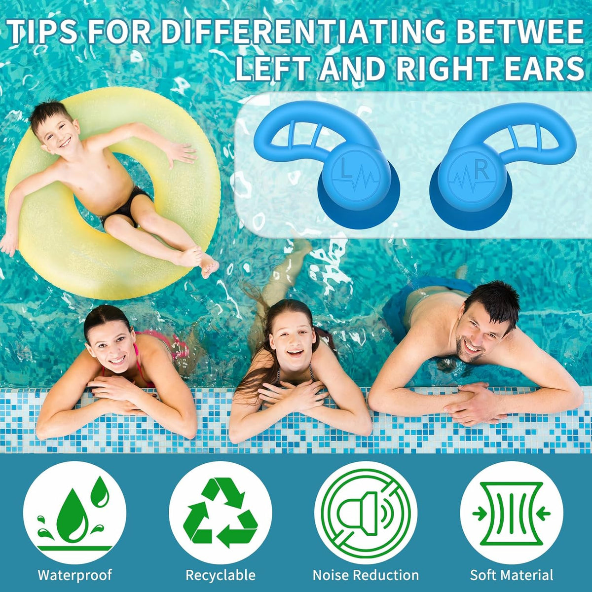 Swimming Ear Plugs for Adults, 4 Pairs Reusable Silicone Waterproof Colorful Swim Earplugs for Swimming Showering Snorkeling Surfing and Water Sports, Water Ear Plugs for Men and Women