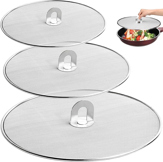 3 Pack Splatter Screen for Frying Pan 13" 11.5" 9.8" Stainless Steel Grease Splatter Guard Ultra Fine Mesh Lids with Fold Flat Knob Set for Prevent Oil Splatter