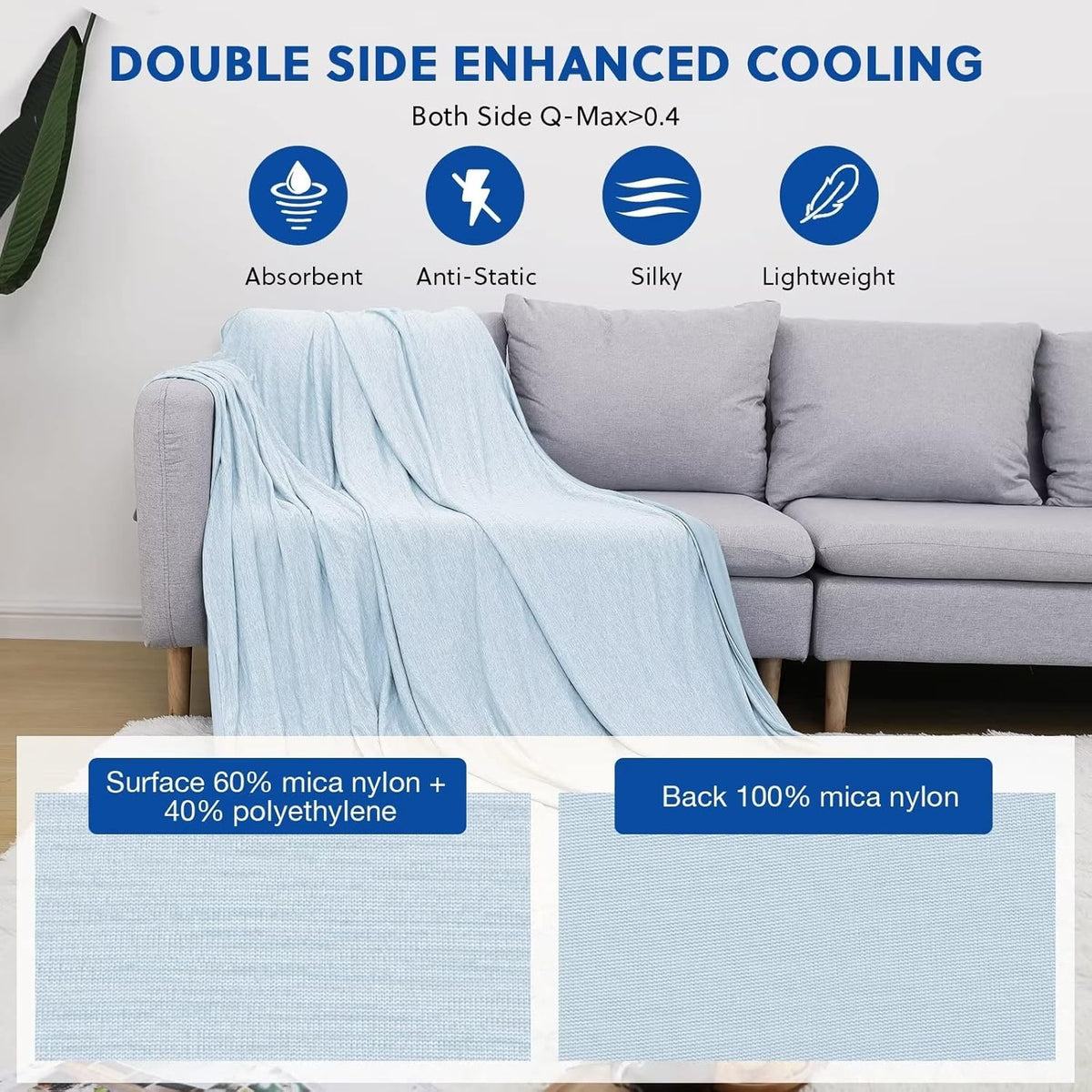 HOMFINE Cooling Blankets for Hot Sleepers - Summer Blanket Thin Lightweight Breathable Soft Double Side Enhanced Cooling for Bed Couch Sofa, Keep Cool for Night Sweats (Light Blue, 108 x 90 inches)