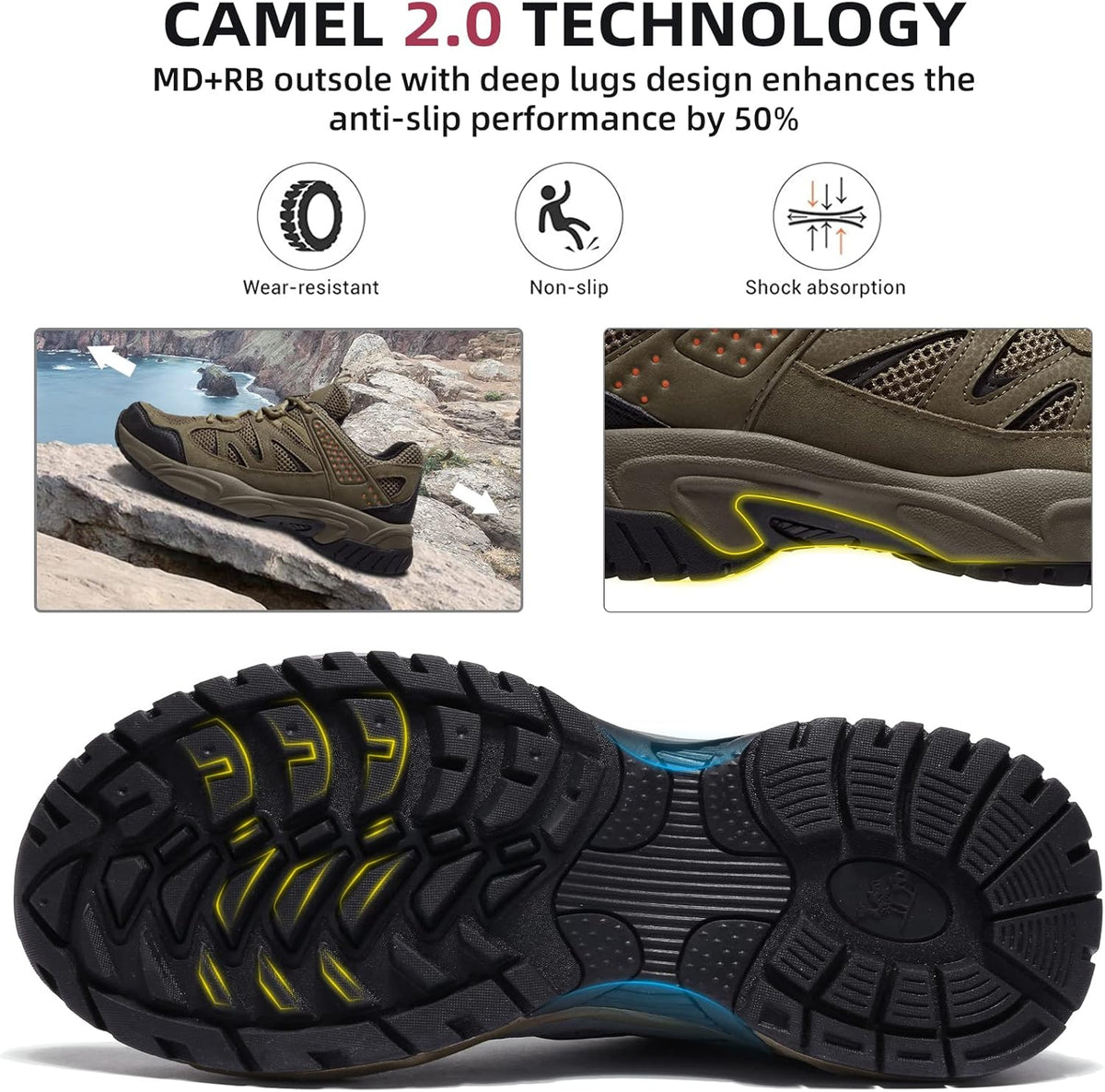 CAMELSPORTS Hiking Shoes Men Lightweight Non-Slip Breathable Sneakers Low Top Walking Shoes for Outdoor Trailing Trekking Walking Climbing