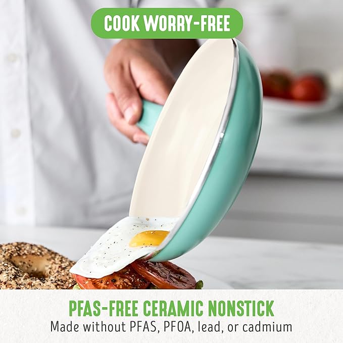 GreenLife Non Stick Fry Pan Set (7" & 10"), Non-Toxic PFAS-Free Ceramic Skillets, Dishwasher & Oven Safe, Egg Omelet Frying Pans, Stay- Cool Handles, Kitchen Home Cooking Essentials, Turquoise
