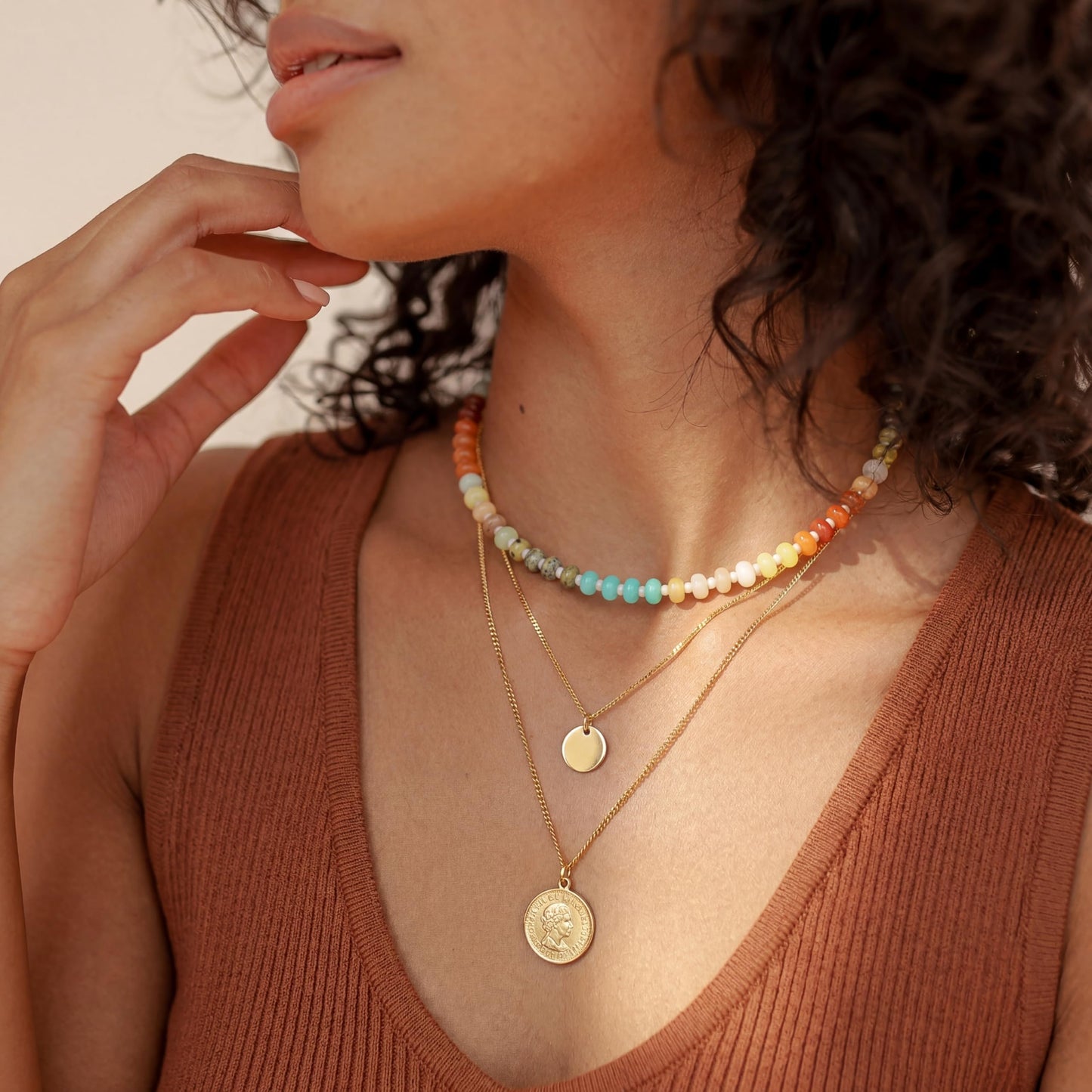 CONRAN KREMIX Colourful Stone Beaded Necklace for Women,Natural Gemstone Bead Choker Necklaces Boho Summer Beach Layering Necklace Jewelry Gift for Women