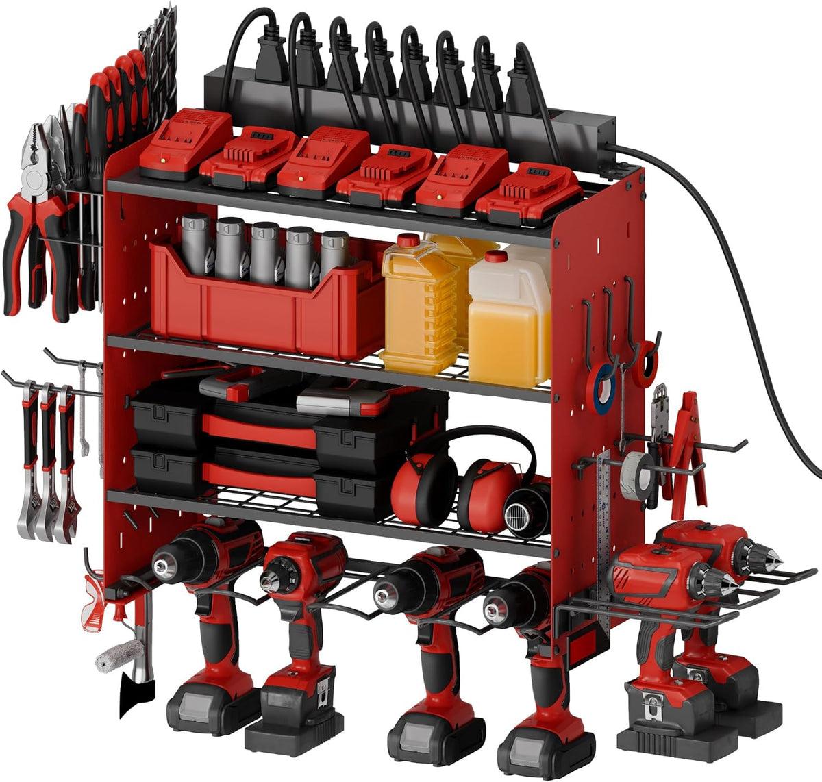 Power Tool Organizer with Charging Station, 4 Layers Garage Storage Rack with 6 Drill Holders, Father's Days Gift For Dad, Wall Mount Garage Organizer Built in 8 Outlets Power Strip, Red