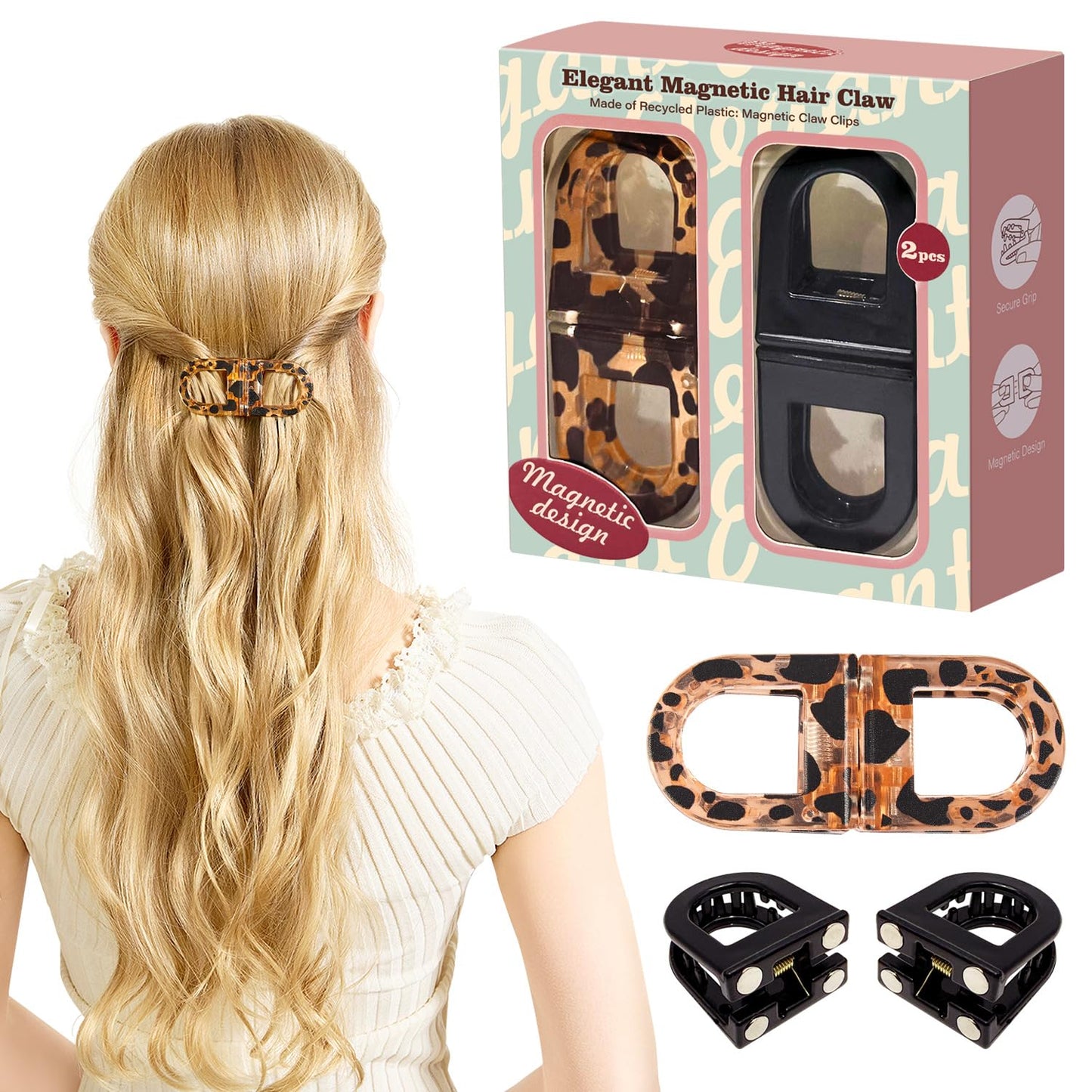 RCZETC Magnetic Hair Clips 2-Pack | Hair Clips for Styling & Thick Hair | Claw Clips & Barrettes for Women | Strong Hold Non-Slip No-Crease Hair Barrettes（Leopard Print + Black）