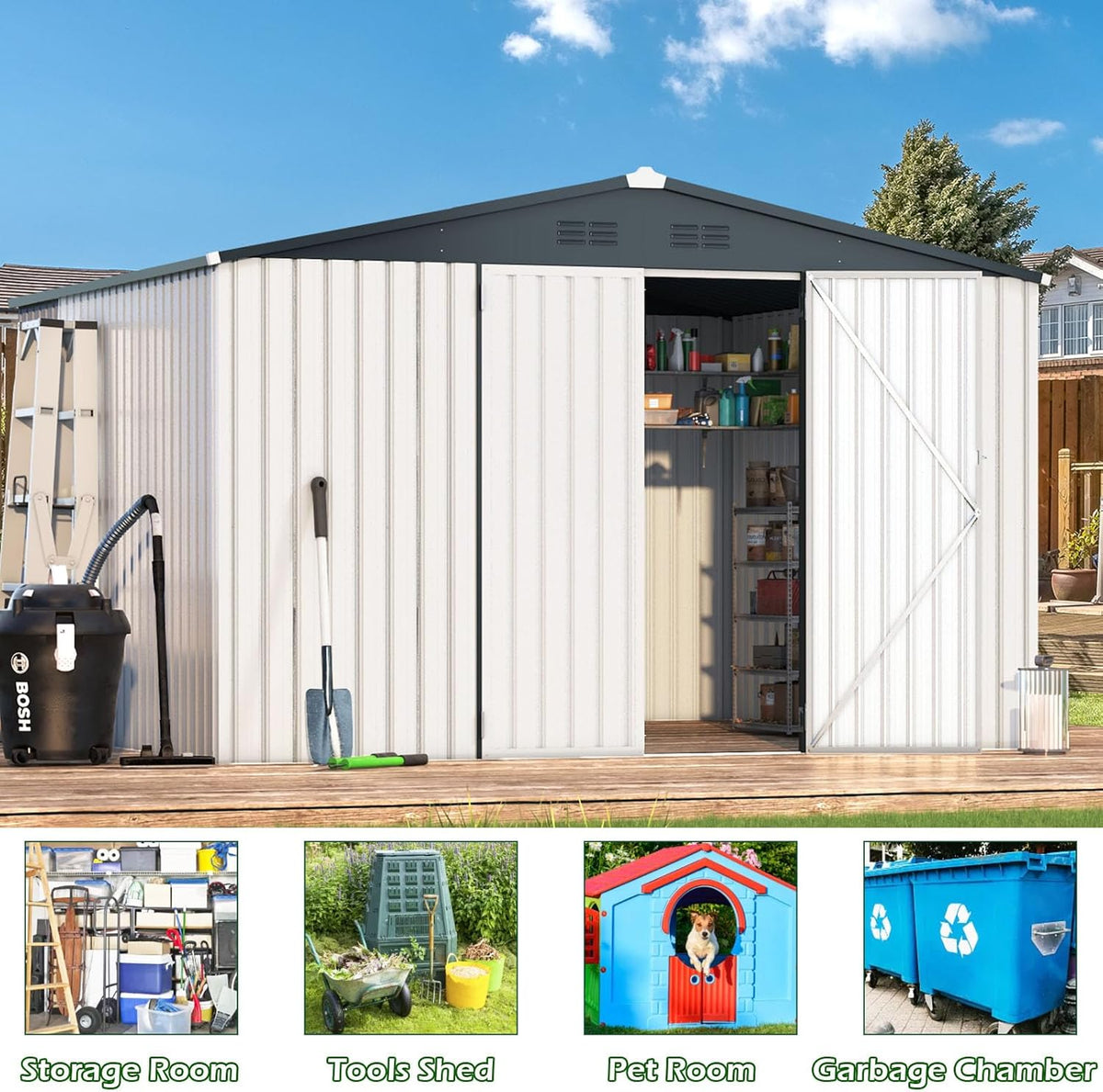 AECOJOY Shed 12' x 10' Storage Shed Large, Sheds & Outdoor Storage Clearance 10x12 Sheds with Lockable Doors, Utility and Tool Storage Shed for Garden, Backyard, Patio, Outside use in White