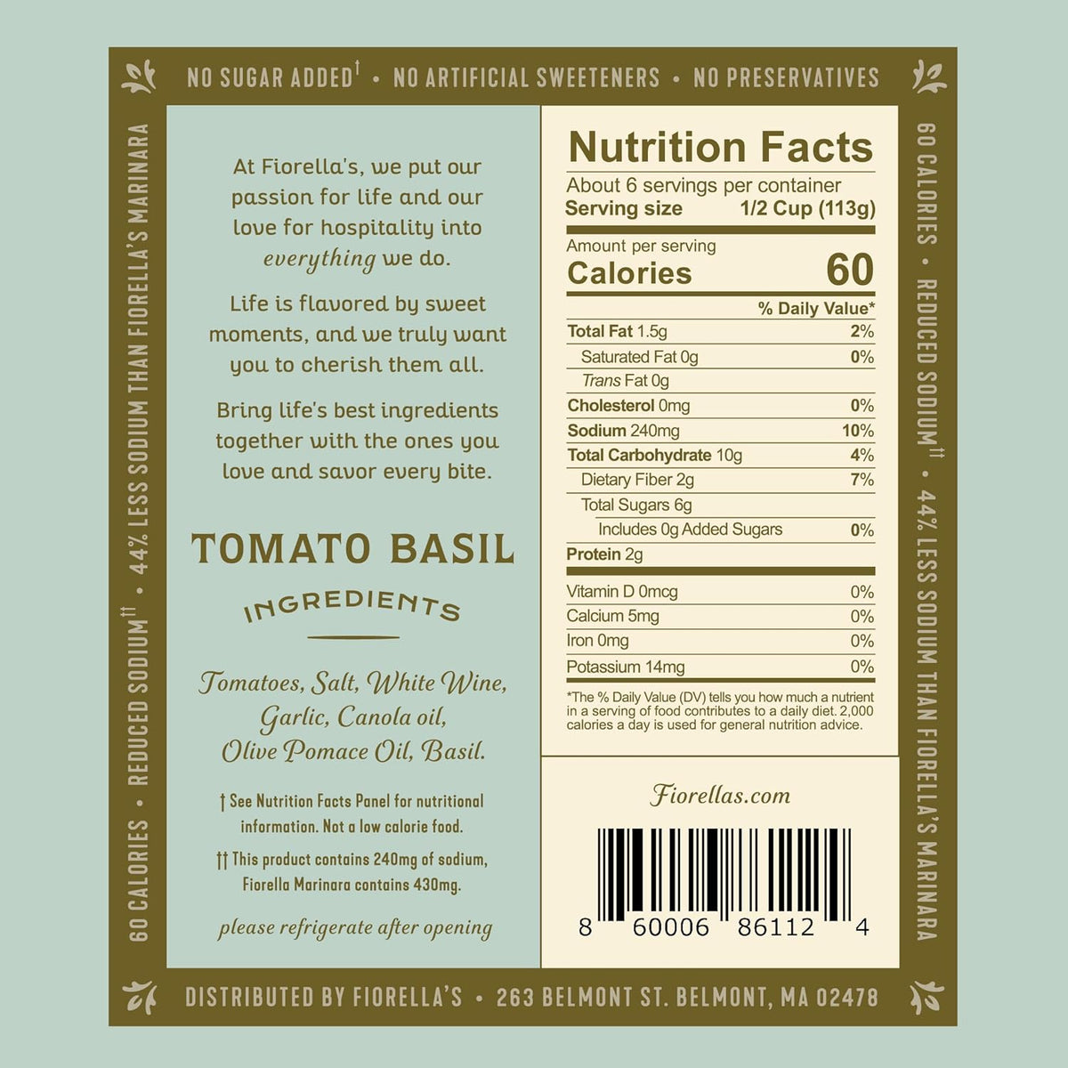 Fiorella's Tomato Basil Pasta Sauce - Tomato Sauce Made with Fresh Ingredients - No Sugar Added, Vegan, Gluten Free, No Preservatives Added, Reduced Sodium, Pasta Sauce, 25 Oz (Pack of 2)