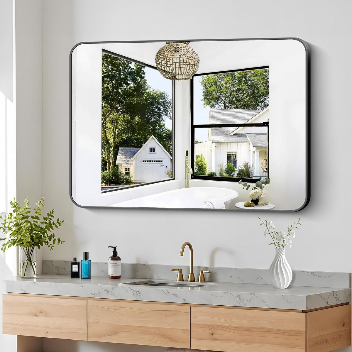 36x48 inch Bathroom Mirror,Black Rectangle Mirror,Wall Mounted Bathroom Frame Vanity Mirror with Round Corner for Bedroom Living Room, Entryway Hangs Horizontal or Vertical