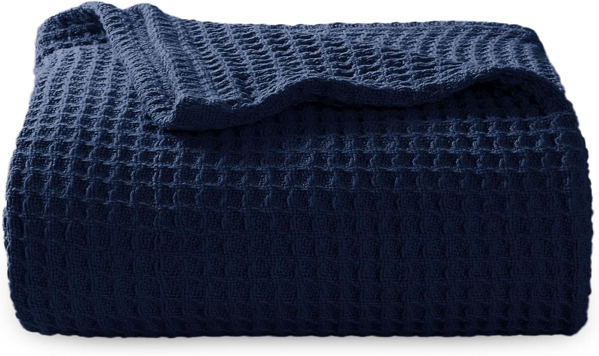 Bedsure 100% Cotton Blanket Twin XL Size for College Dorm - Breathable and Soft, Waffle Weave Twin Blanket for Summer, Dorm Room Essentials, Pageant Blue, 66x90 inches