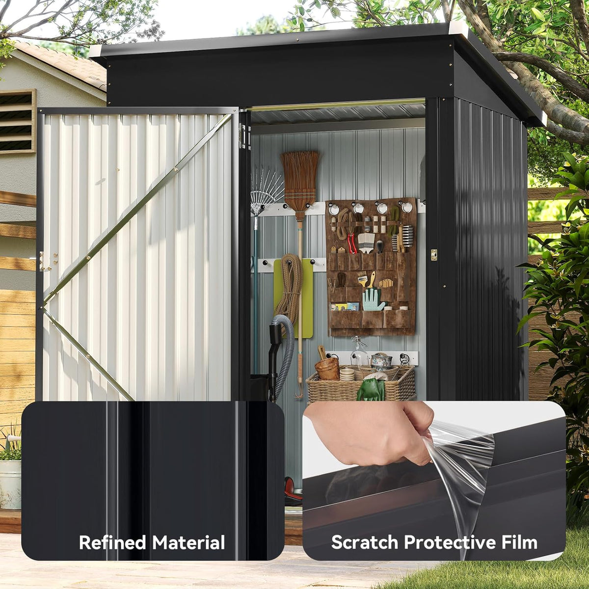 Aoxun 5x3FT Outdoor Shed Metal Storage Shed with Single Slooping Roof Lockable Door Steel Utility Tool Shed Outdoor Storage Garden Shed for Backyard Garden Patio Lawn, Black
