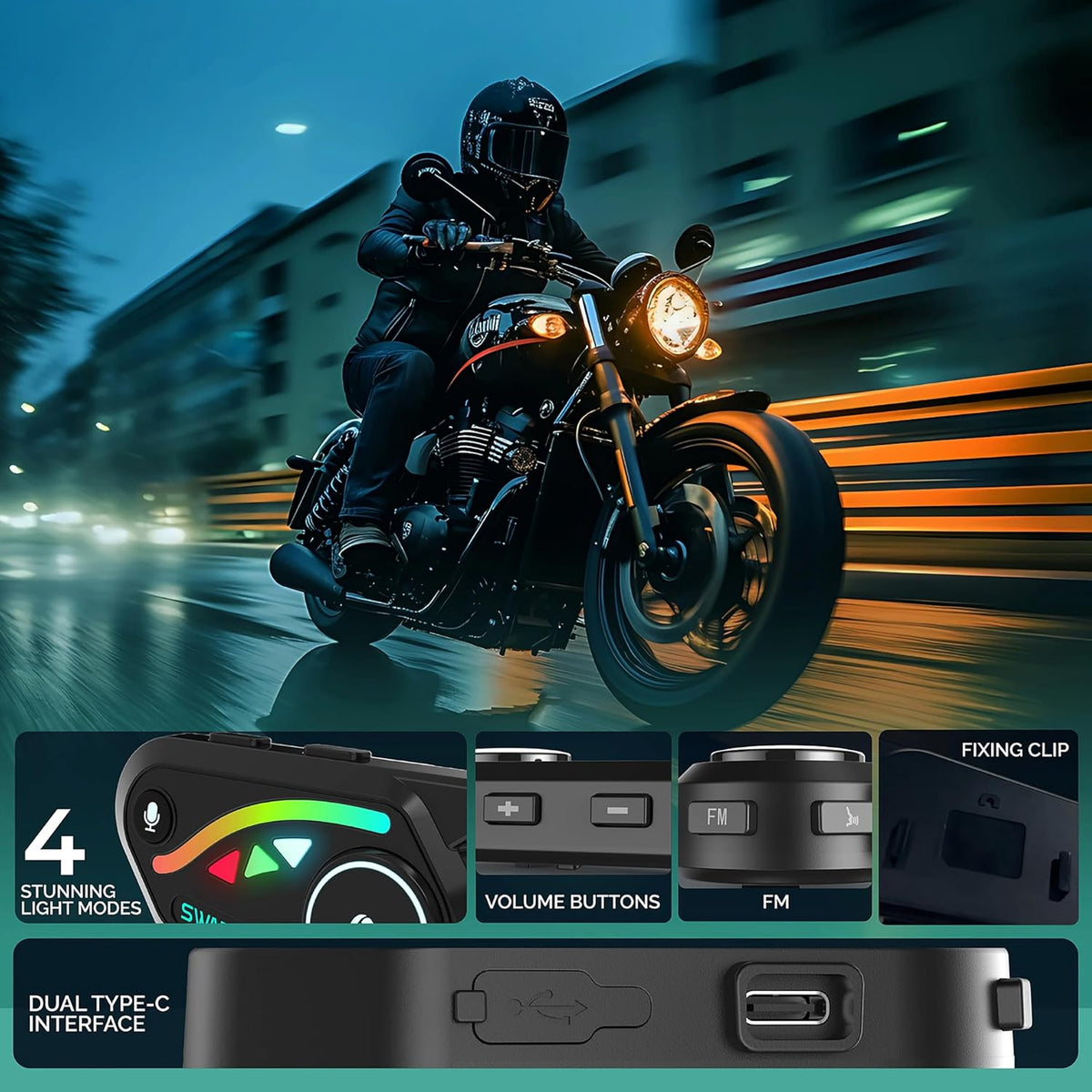 V8 Motorcycle Bluetooth Headset, Helmet Intercom with FM and Music Sharing Noise Cancelling DSP&CVC HiFi Stereo 1000M to 2000M Intercomunicador Moto (Dual Pack, 2X)
