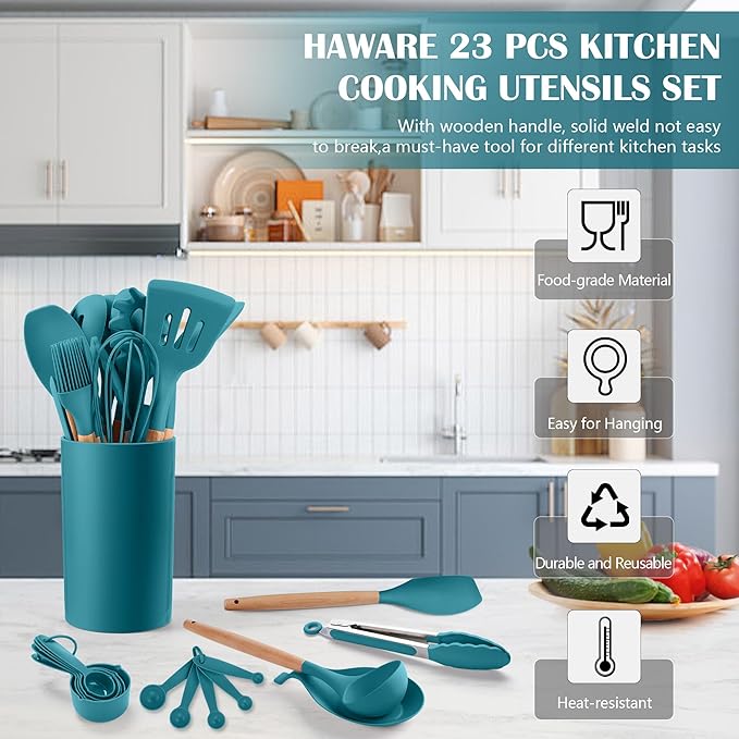 HaWare Kitchen Cooking Utensils Set, 23-Piece Silicone Kitchen Utensils Spatula Set with Holder, Heat Resistant Wooden Handle Kitchen Gadget for Nonstick Cookware, Food-grade Turner Spoon Sets (Blue)