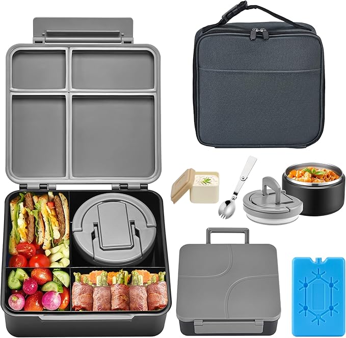 Bento Lunch Box with 8oz Soup Thermo,Kids Leakproof 4 Compartment Lunch Food Containers with Sauce Cup and Ice Pack,Kids Thermo Insulated Hot Food Jar and Lunch Bag for School,Trvael-Black