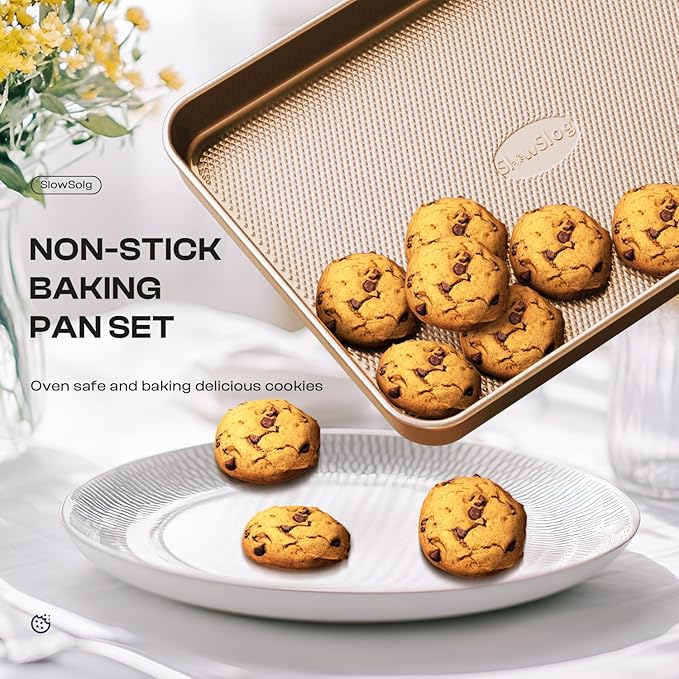 12-Piece Nonstick Bakeware Set with Baking Pan, Cake Pan, Muffin Pan, Loaf Pan, Square Pan, Roasting Pan, Cookie Pan, Cooling Rack & Utensils - Ceramic Coated Gold
