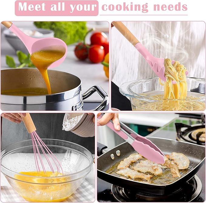 E-far Silicone Cooking Utensils Set, 10-Piece Kitchen Utensils Set with Wooden Handle for Cooking, Non-toxic Silicone Kitchen Nonstick Tools Spatula Whisk Tongs Ladle, Heat Resistant & Health, Pink
