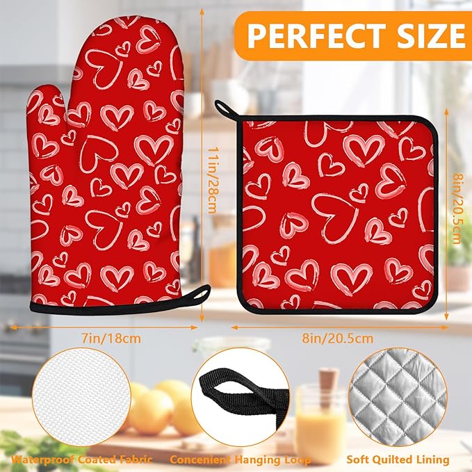 White Love Hearts Oven Mitts and Pot Holders Sets 4Pcs,Extra Long Oven Gloves Potholder for Kitchen Cooking Baking BBQ 100% Cotton Heat Resistant