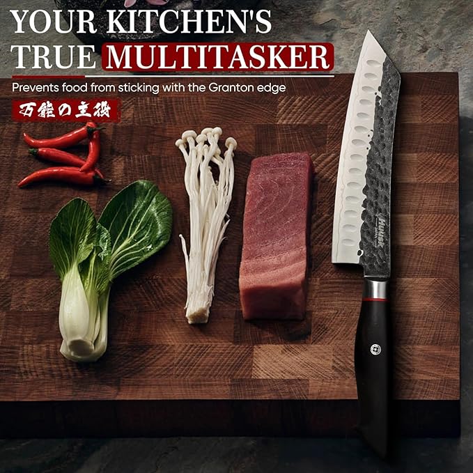 Huusk Santoku Japanese Chef Knife - Hand Forged Chef's Knives with VG10 Steel Core, Ultra Sharp 8 inch Kitchen Knife with Ergonomic Ebony Handle, Premium Wooden Gift Box for Men Women