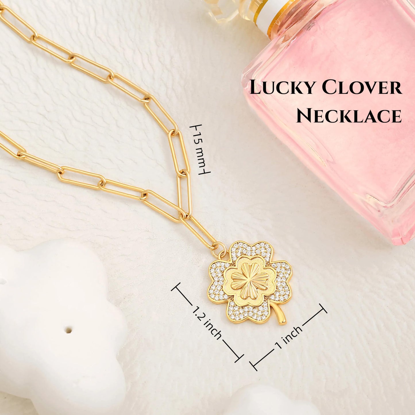 PEARLADA Dainty Four Leaf Clover Necklace, 18k Gold Plated Paperclip Necklace for Women, Cubic Zirconia Lucky Charm Jewelry