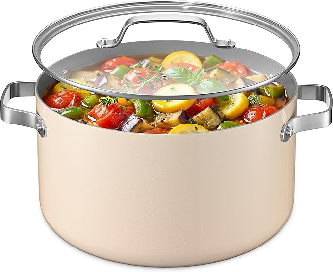 Bakken 12.5 Quart Ceramic Coated Stock Pot with Lid, Easy Clean Nonstick Pot, Tempered Glass Lid, Riveted Stainless Steel Handles, Oven Safe Up To 500°F, PTFE & PFAS Free, All Stove Compatible, Cream