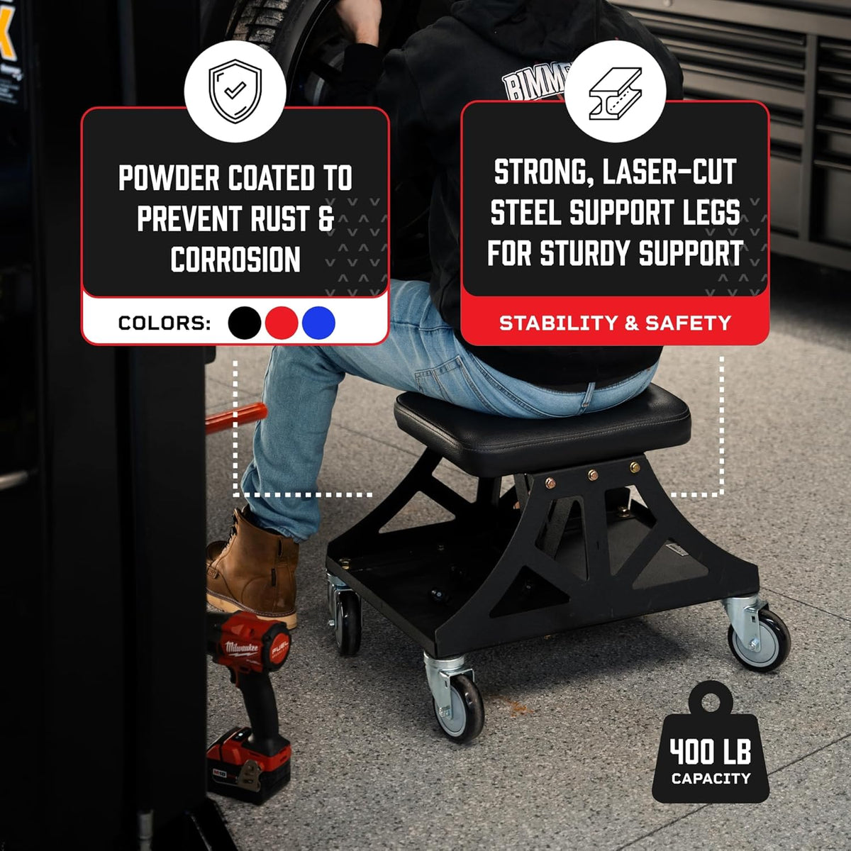 Vyper Low Pro Garage Stool with Removable Seat for Mechanics, Automotive, DIY - 400 lb Capacity Rolling Shop Chair (Black Seat, Blue Frame)