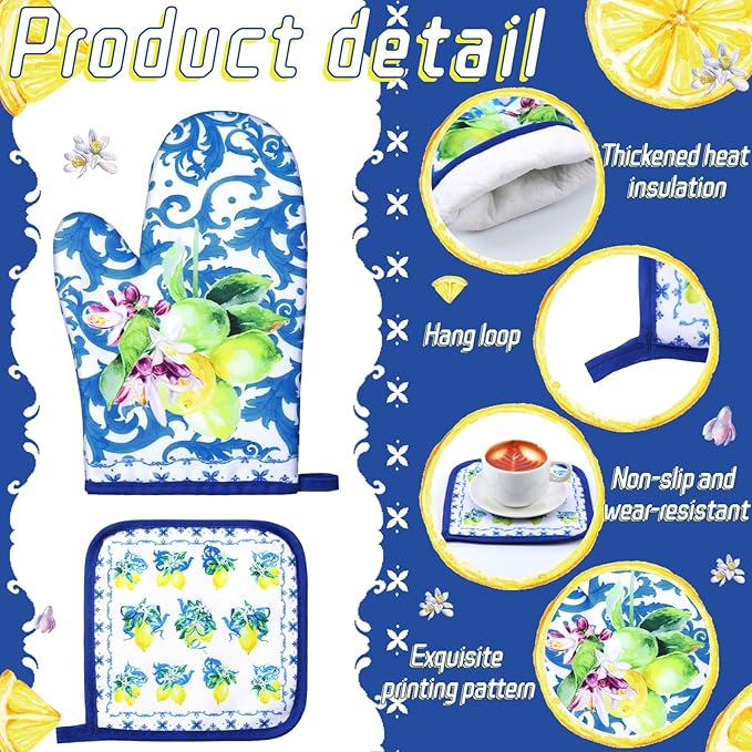 Bencailor 6 Pcs Lemon Kitchen Towels Oven Mitts and Pot Holders Set Decorative Dish Towels Tea Washcloth Non Slip Heat Resistant Oven Gloves for Summer Home Cooking Baking, Blue, Gold