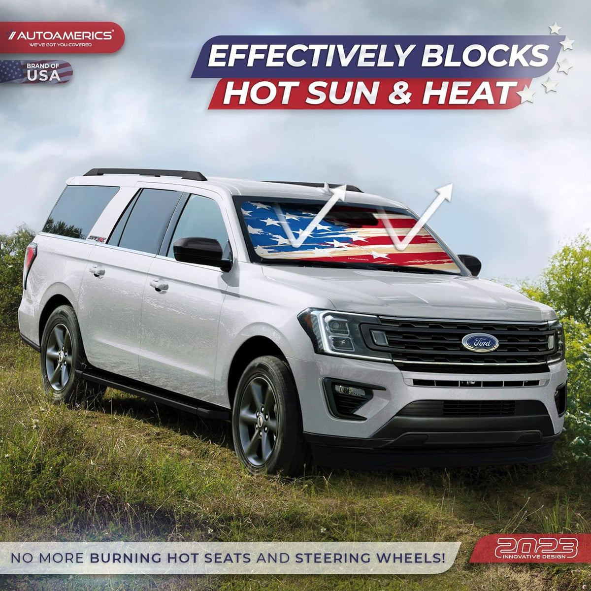 Autoamerics 1-Piece Windshield Sun Shade USA Art Flag - 1 American Design - Foldable Car Front Window Sunshade for Most Sedans SUV Truck - Blocks Max UV Rays and Keeps Your Vehicle Cool - Large