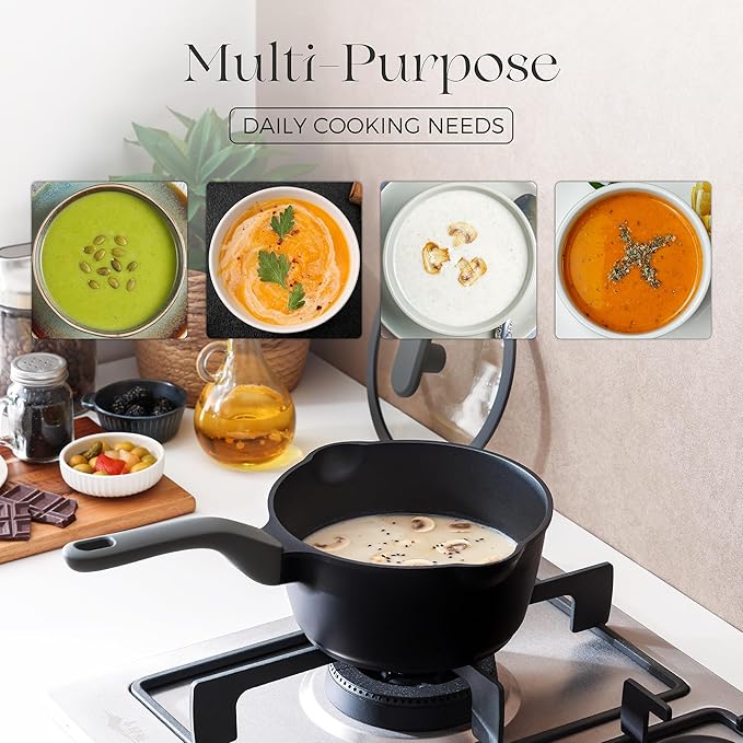 PRICUSIS Ceramic Nonstick Saucepan with Lid, 1.3 Quart Non Toxic Pot with Pour Spouts, Full Coated, 100% Dishwasher Safe, Induction Compatible & Oven Safe, PTFE PFAS & PFOA Free, Coconut White