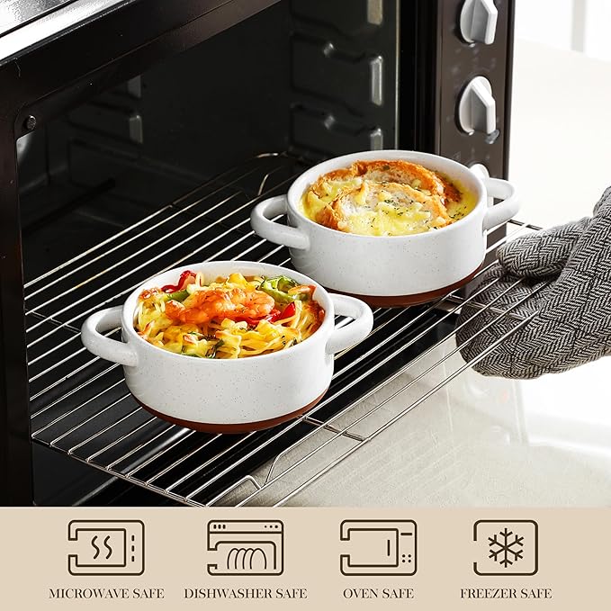 MALACASA Mini Cocotte Set - 12 OZ Small Casserole Dishes for Oven, Ramekins with Lids and Handles, Ceramic Mini Dutch Oven Set of 4, Microwave & Dishwasher Safe, Khaki White, Series TARA