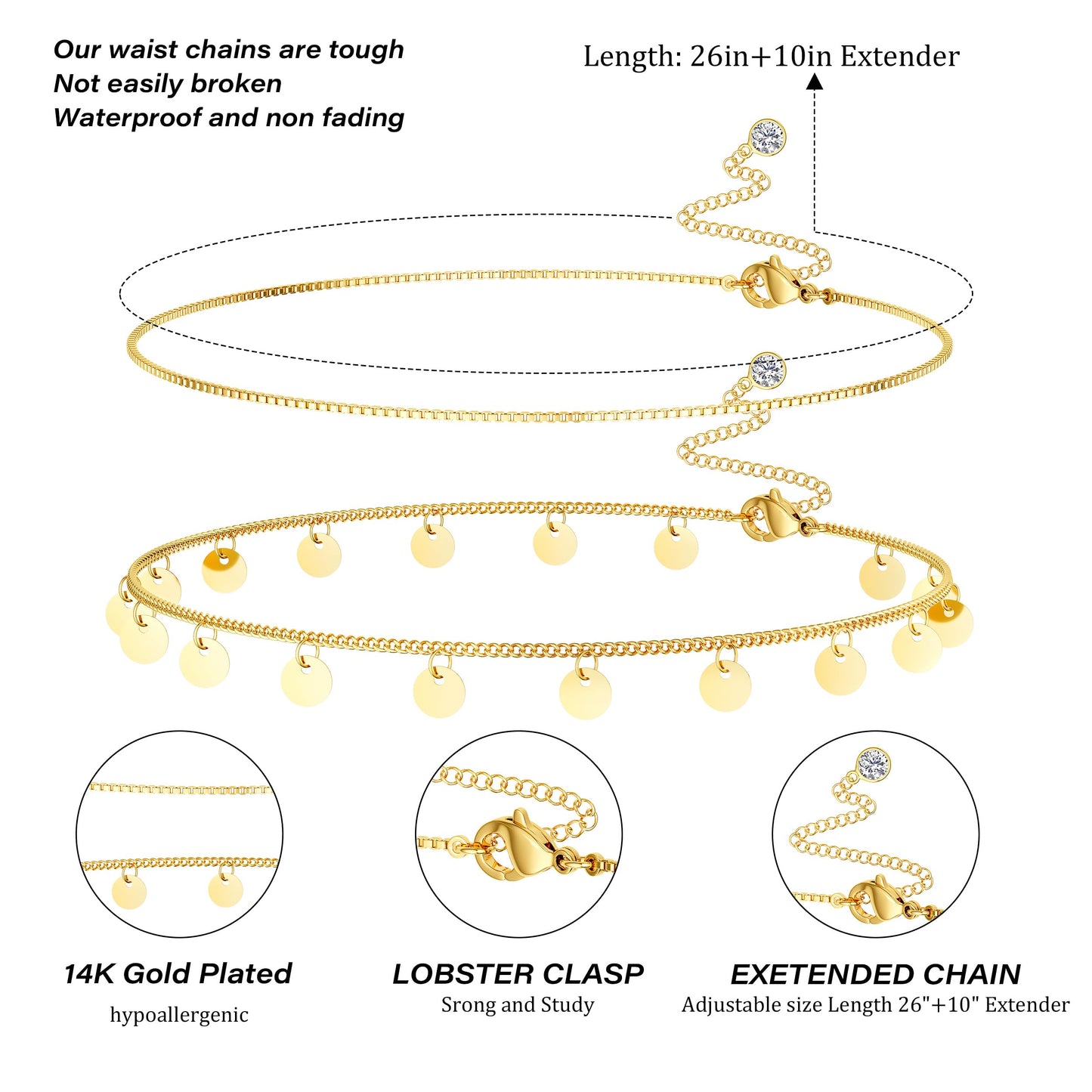 CHESKY Gold Waist Chain for Women, Dainty 14k Gold Plated 2Pcs Layered Belly Chain for The Waist Adjustable Waterproof Beach Satellite Chain Non Tarnish Body Chain Jewelry Gifts for Women