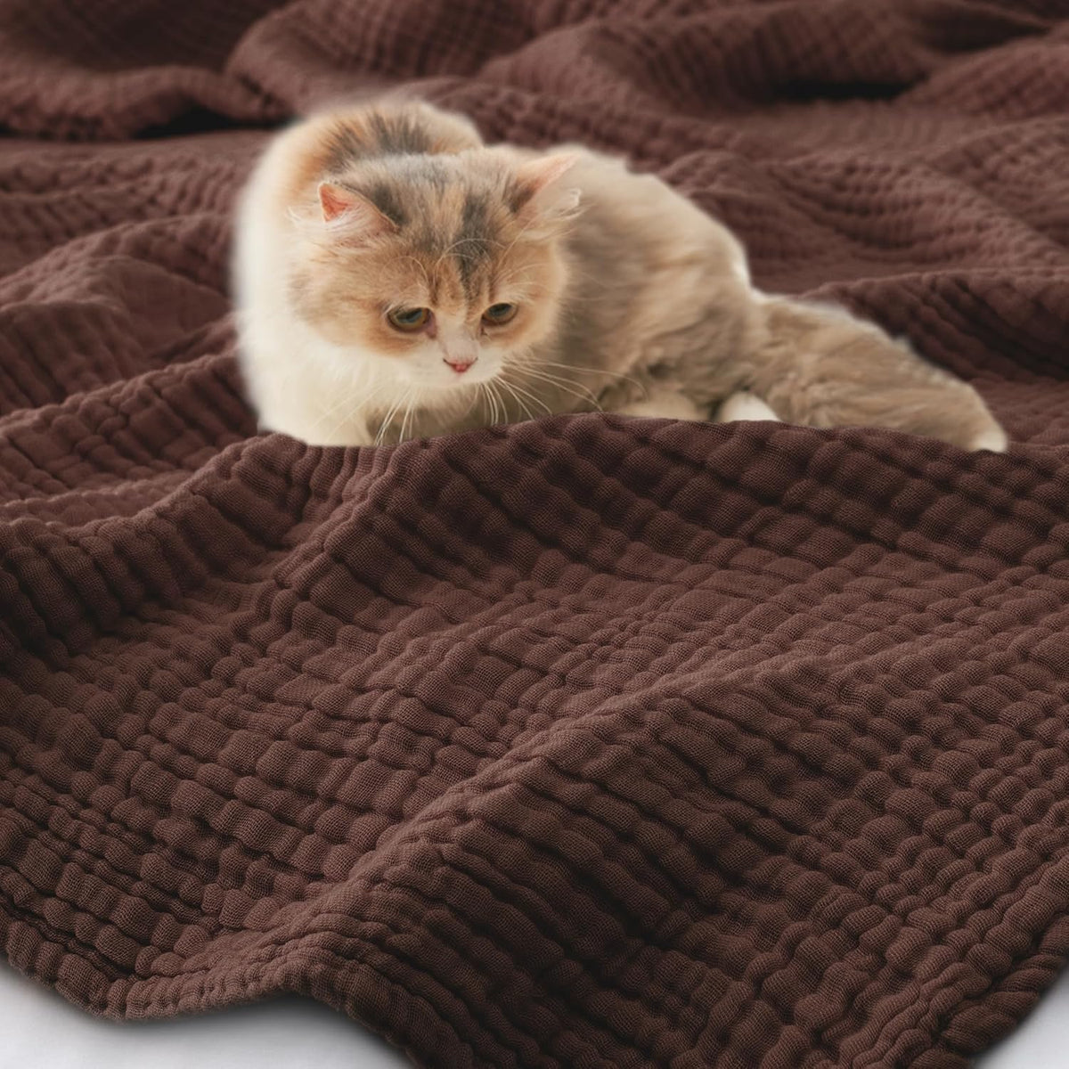 Carriediosa 100% Cotton Muslin Throw Blanket 90" X 90" Queen Size，4-Layers Summer Gauze Throws for Bed Couch，Soft Lightweight Breathable Linen Blankets Bedspread for Adults All Season，Dark Brown