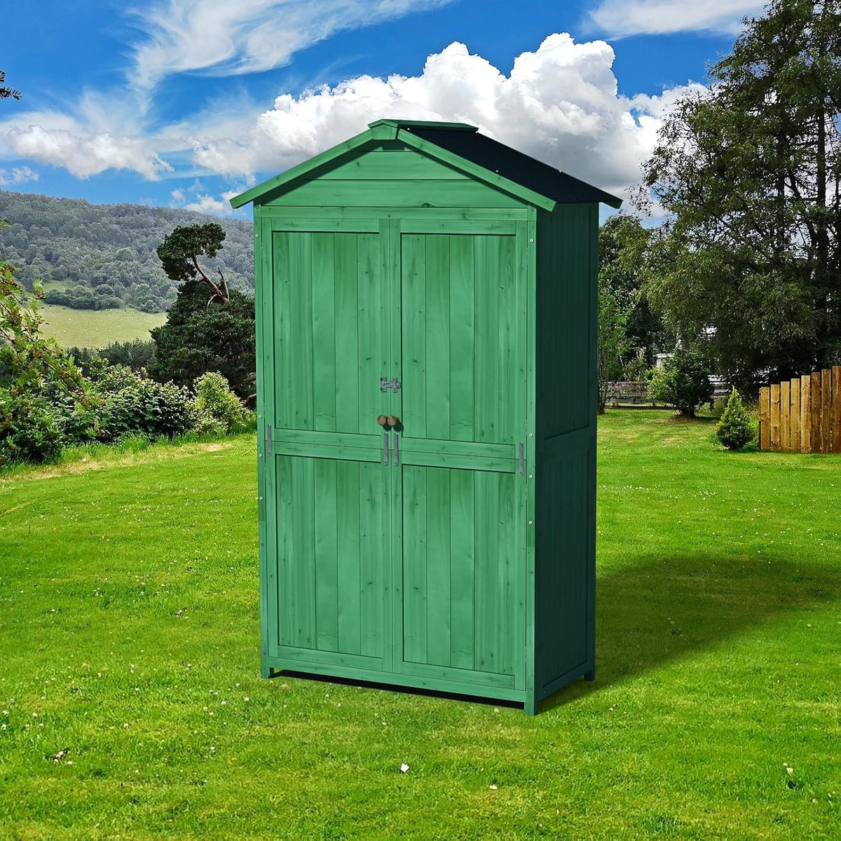 35.6" Outdoor Storage Shed,Wooden Shed with 4-Tier Removable Shelves,Garden Tool Cabinet W/Double Doors & Handles,All Weather Waterproof House W/Sloped Waterproof Asphalt Roof,Forest Green