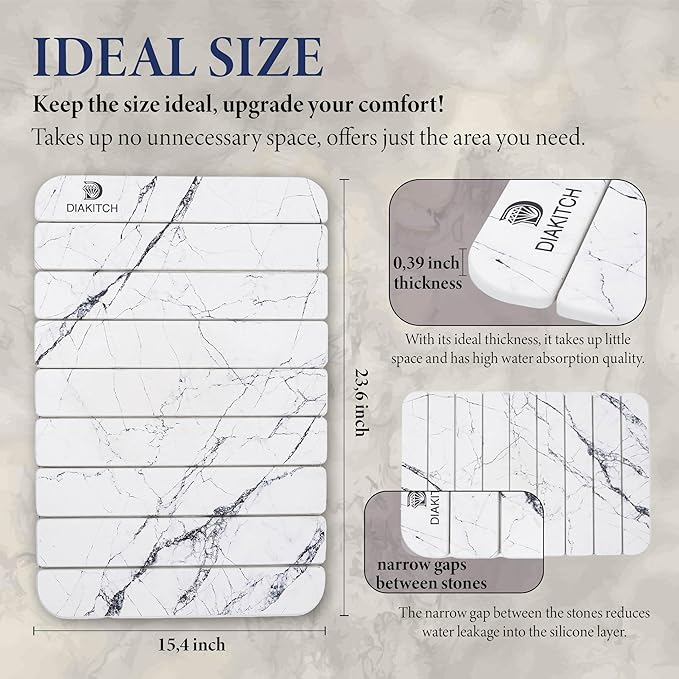 Stone Drying Mat for Kitchen Counter – Super Absorbent Stone Dish Drying Mat, Foldable & Quick Dry, Diatomaceous Earth Mat for Dish & Bottle, Ideal for Kitchen - 23.6" x 15.4", White