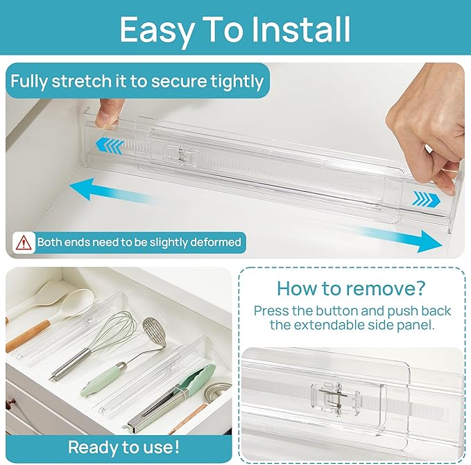Vtopmart 8 Pack Shallow Drawer Dividers, 2.36" High 12.5"-20.8" Adjustable Expandable Kitchen Drawer Organizer, Clear Plastic Organizer Separators for Flatware, Utensil, Cutlery, Underwear, Clothes