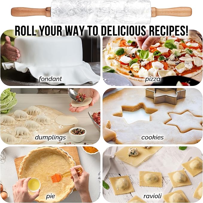 Zulay Kitchen 17-Inch Marble Rolling Pin With Stand - Polished Marble Rolling Pins For Baking With Long Beechwood Handle - Non-stick Roller Pin For Baking Pastries, Bread & Pizza