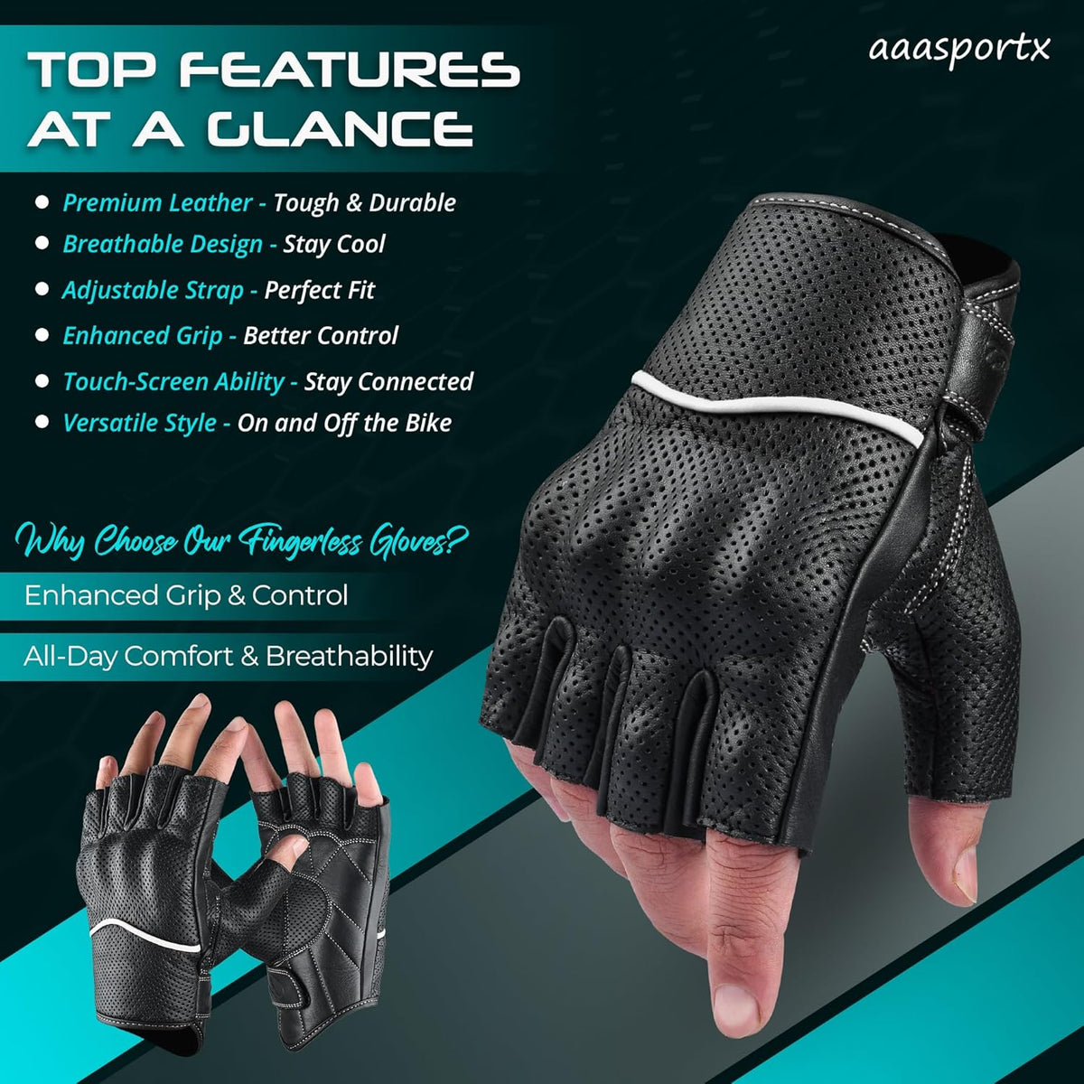 aasportx Motorcycle Gloves - Men's Leather Motorbike Gloves with Touchscreen Function - Non-Slip Pads for Men & Women
