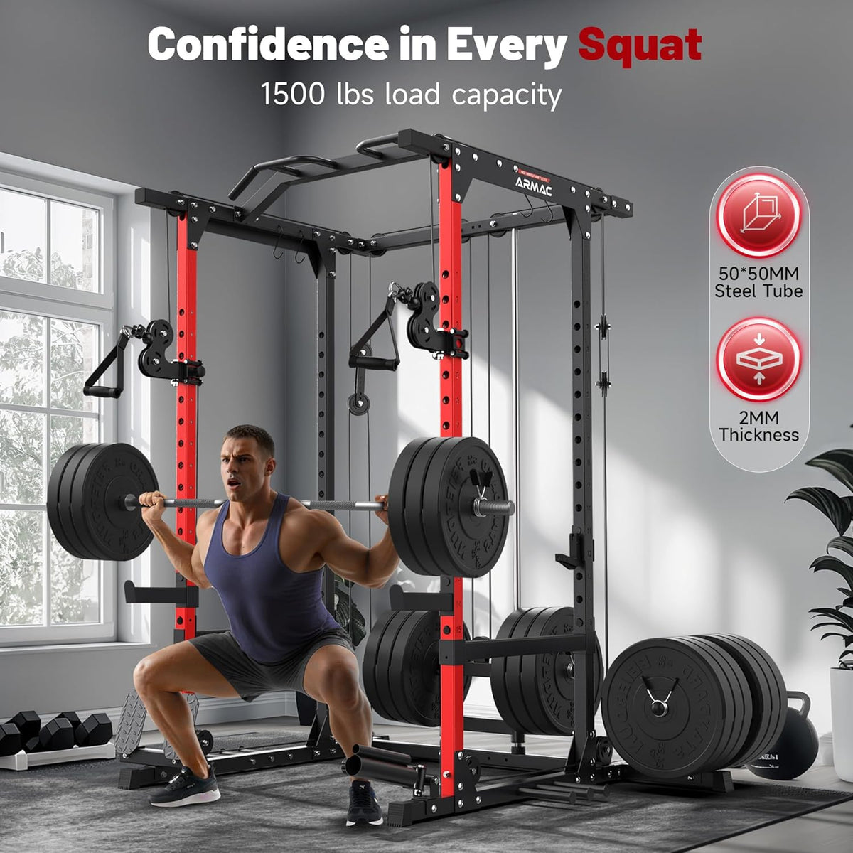 ARMAC Power Cage,1500lbs Multi-Function Power Rack with Adjustable Cable Crossover System and More Training Attachment, Weight Cage for Home Gym