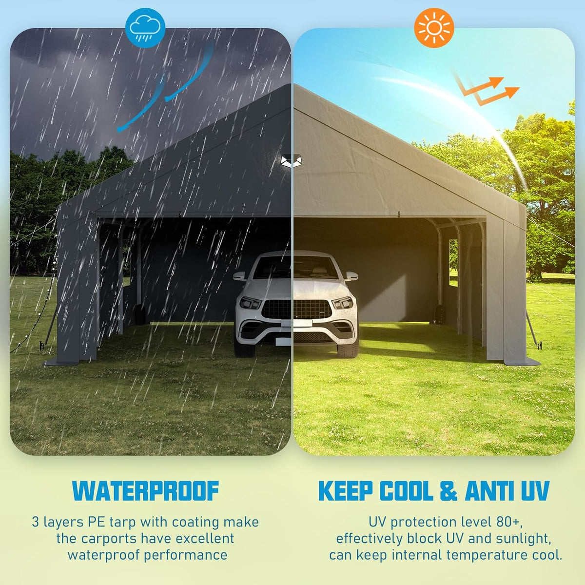 20x20 Carport, Heavy Duty Carport Canopy Garage with Removable Sidewalls and Drive Through Roll Up Zipper Doors, Grey