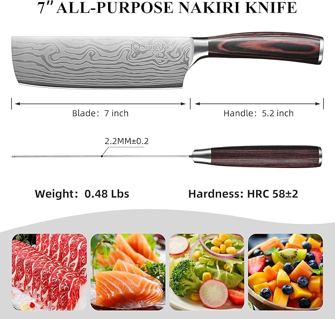 Sunnecko Japanese Nakiri Knife 7 Inch - Carbon Steel Chef Knife Vegetable Cleaver with Sheath, Kitchen Gift for Home Cooks, Professional Kitchen Knife Gift Box