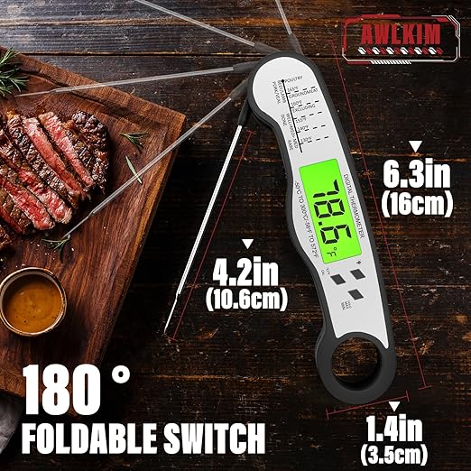 AWLKIM Digital Meat Thermometer with Doneness Chart, 2-Sec Instant Read Food Thermometer for Cooking, Grilling, Oven, Air Fryer - Waterproof Backlit Magnetic Flip Probe, Gift for Men, Dad - Black