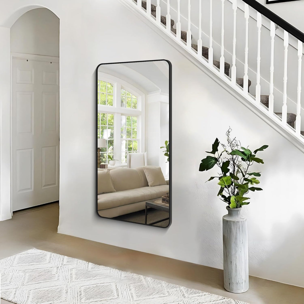30x55 inch Bathroom Mirror,Black Rectangle Mirror,Wall Mounted Bathroom Frame Vanity Mirror with Round Corner for Bedroom Living Room, Entryway Hangs Horizontal or Vertical