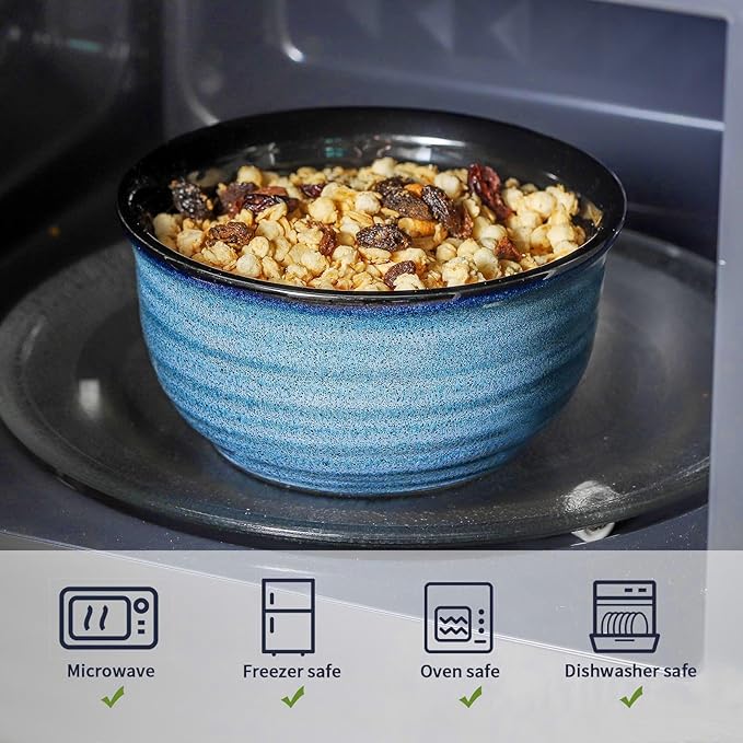 Hasense Cereal Bowl Set of 6, 20 Ounces Ceramic Soup Bowls Set for Kitchen, Suit for Cereal Soup Rice Pasta Salad Oatmeal, Microwave and Dishwasher Safe(Blue)