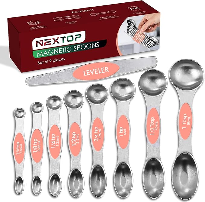 Magnetic Measuring Spoons Set of 9 Stainless Steel Dual-Sided Stackable Measuring Spoon Nesting Teaspoons Measuring Dry and Liquid Ingredients, Fits in Spice Jars Set of 9 (Peach)