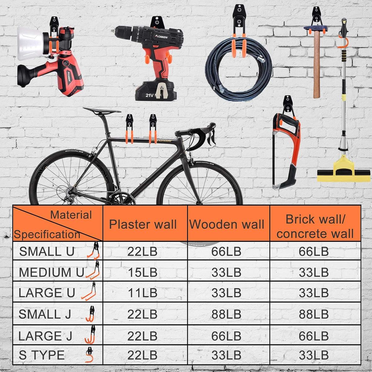 AOBEN Garage Hooks Heavy Duty, Steel Garage Storage Hooks, Utility Tool Hangers and Combinable Wall Mount for Organizing Ladders, Bikes, Hoses, and More Equipment (Large J, 10 Pack)